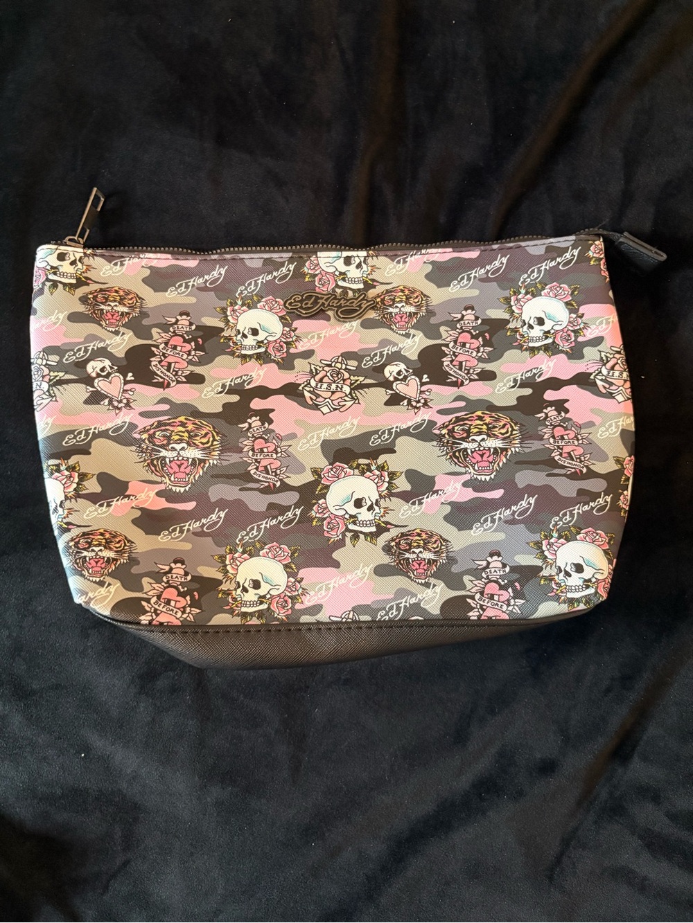 Ed Hardy Pink & Black Camo Cosmetic Pouch with Skull and Tiger Print